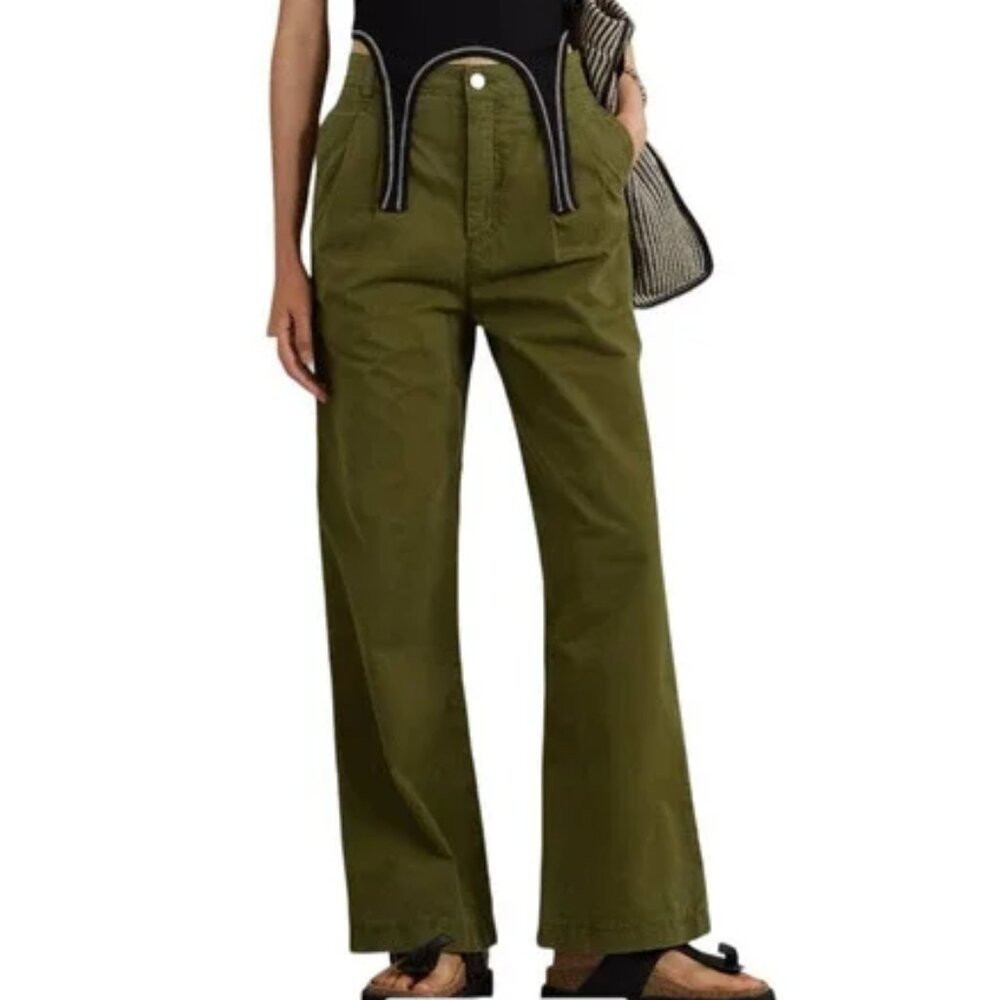 FRAME Pants Women's Size 24 Pleated Olive Green Wide Leg Utility Pleated Pockets